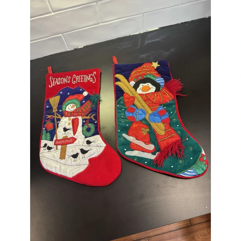 Snowman w Birds Penguin Skiing Christmas Stocking‎ Embroidered Applique Set of 2